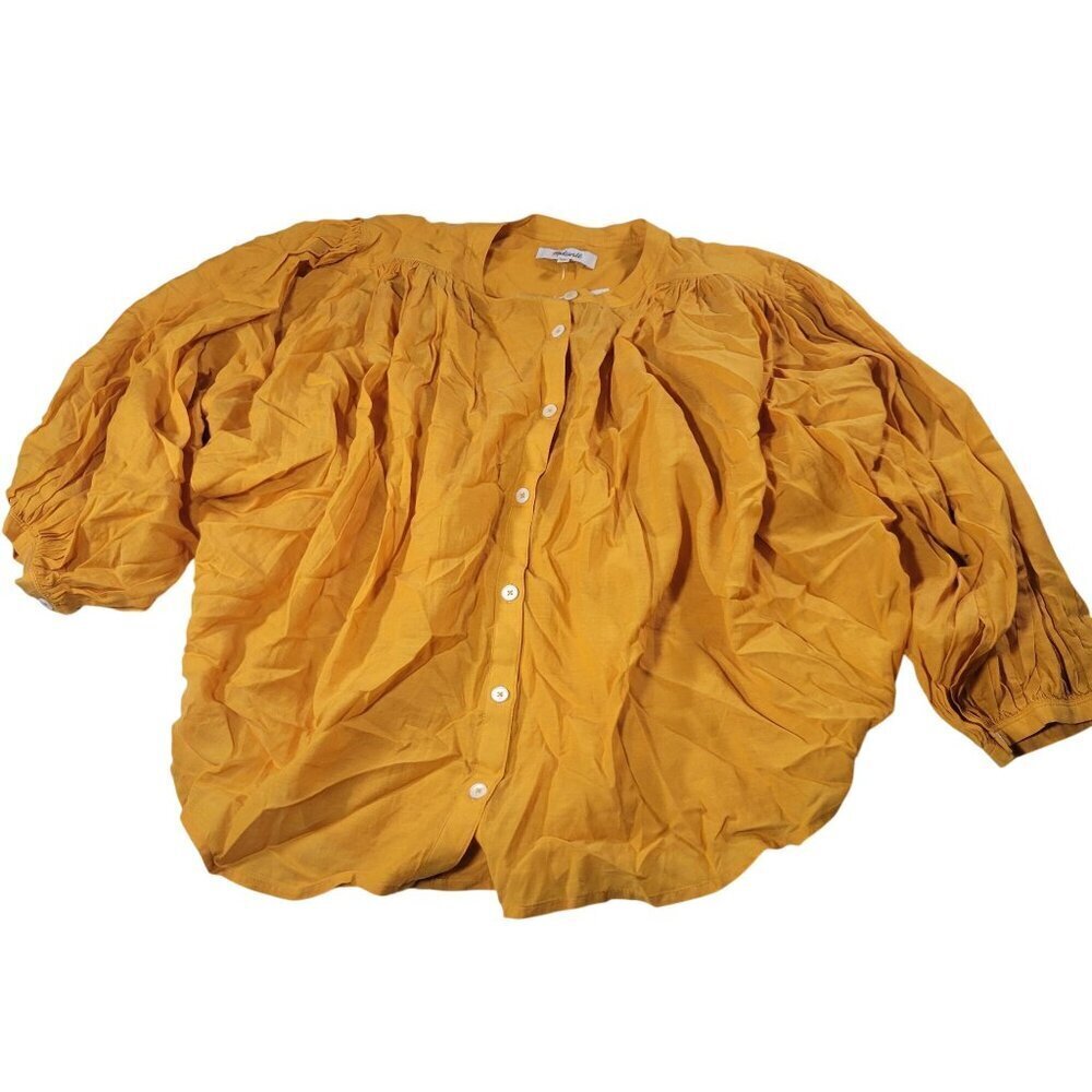 Madewell Women Yellow Shirred Button-Down Cotton Linen Blend Top Size S